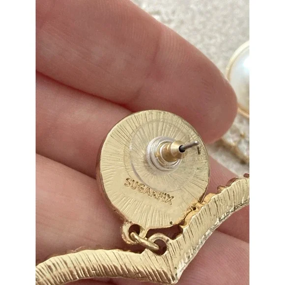 Sugarfix Heart Drop Earrings Faux Pearl Rhinestone Gold Tone Statement Dangle - Picture 5 of 7